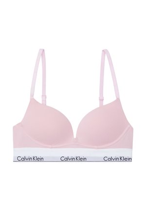Svetloružový podprsenka s tenkými nastaviteľnými ramienkami, hladkými vystuženými pohárikmi a bielym pásom s čiernym logom "Calvin Klein".