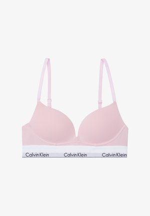 Hellrosa BH mit dünnen verstellbaren Trägern, glatten gepolsterten Cup's und einem weißen Band mit dem schwarzen "Calvin Klein" Logo.