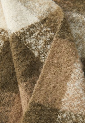 Woolen blanket with a geometric pattern in earthy tones of brown, beige, and cream. Soft texture, highlighting varied fiber depths and blends.