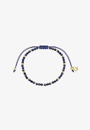 Justerbar navyblå snorarmbånd med skiftevis små facetterede mørkeblå og gyldne perler samt en lille guldfarvet due ved den ene ende.