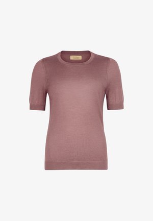 Korte mouwen, gebreide trui in stoffige rozekleur met ronde hals en geribbelde manchetten en zoom, vooraanzicht, gelabeld Falconeri kasjmiermix.