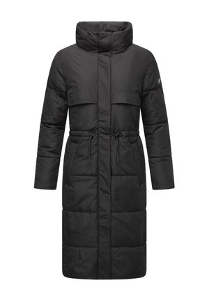 Črn puhasti plašč z visokim ovratnikom, zadrgo spredaj, dvema velikima žepoma na prsih, nastavljivim vrvico v pasu in dolgimi rokavi. Teksturni material.