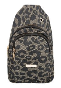 Sort og beige leopard-print rygsæk med en struktureret overflade, to lynlåslommer og en lille guldaccent på fronten.