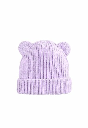 Strickmütze in Lavendel mit gerippter Textur, ausgestattet mit zwei runden Ohren oben und einem umgeschlagenen Saum am Boden.