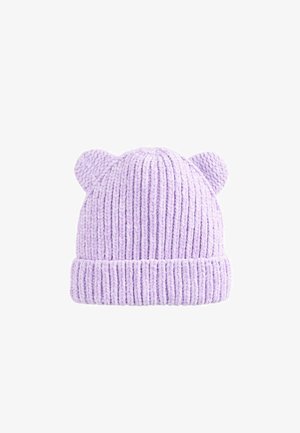 Strickmütze in Lavendel mit gerippter Textur, ausgestattet mit zwei runden Ohren oben und einem umgeschlagenen Saum am Boden.