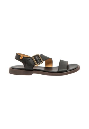 Schwarze Ledersandale mit zwei Riemen und einer Schnalle am Knöchel. Verfügt über eine flache Sohle und ein hellbraunes Innenfutter. Minimalistisches Design ohne zusätzliches Muster.