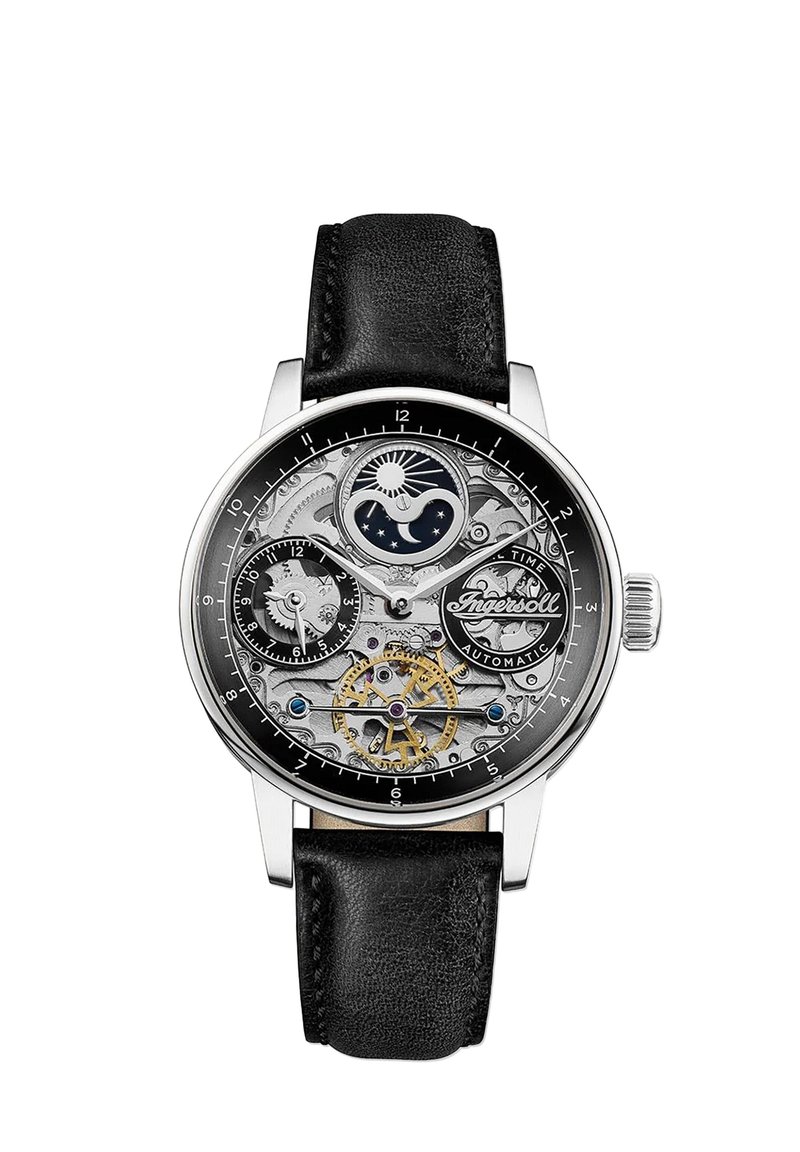 Mechanisch horloge met een zwarte leren band, zilveren kast en een transparante wijzerplaat die ingewikkelde tandwielen en een maanfase-indicator onthult.