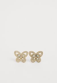 Boucles d'oreilles en or en forme de papillon avec une bordure en strass étincelants et des pierres centrales en taille marquise, ornées de détails en métal délicats.