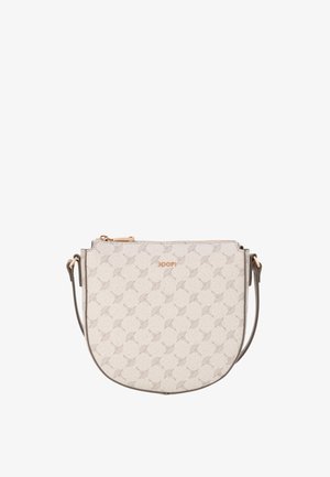 Béžová kabelka přes rameno s texturovaným vzorem, s světle hnědými akcenty a zlatým zipem. Kompaktní, zaoblený tvar s nastavitelným popruhem.