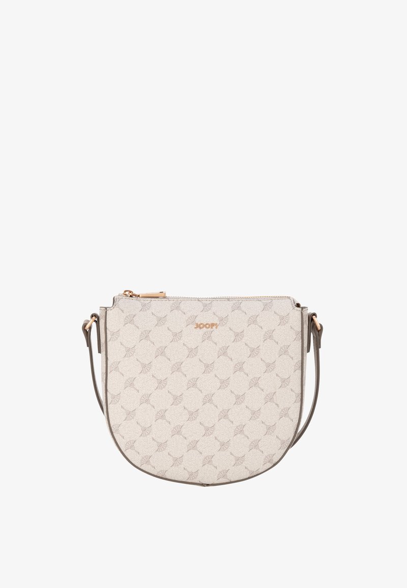 Beżowa torebka na ramię z teksturowanym wzorem, z jasnobrązowymi akcentami i złotym zamkiem. Kompaktowy, zaokrąglony kształt z regulowanym paskiem.