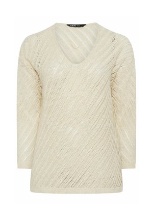 Kremowy sweter z dzianiny z dekoltem w serek, z ukośnym ażurowym wzorem i długimi rękawami.