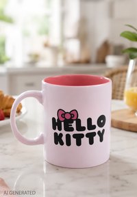 Pink ceramic mug with "Hello Kitty" text and a pink bow on a kitchen table near breakfast items.