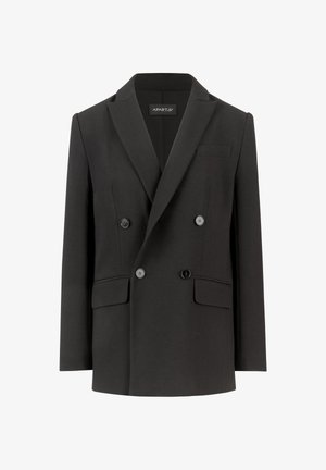 Zwarte dubbelgevoerde blazer met piekrevers, twee voorkruiszakken, vier knopen en een enkele borstzak. Gladde textuur, op maat gemaakte design.
