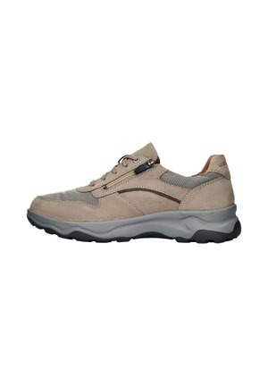 Beige athletic shoe featuring a combination of suede and mesh, with lace-up closure, side zipper, and a chunky gray rubber sole.