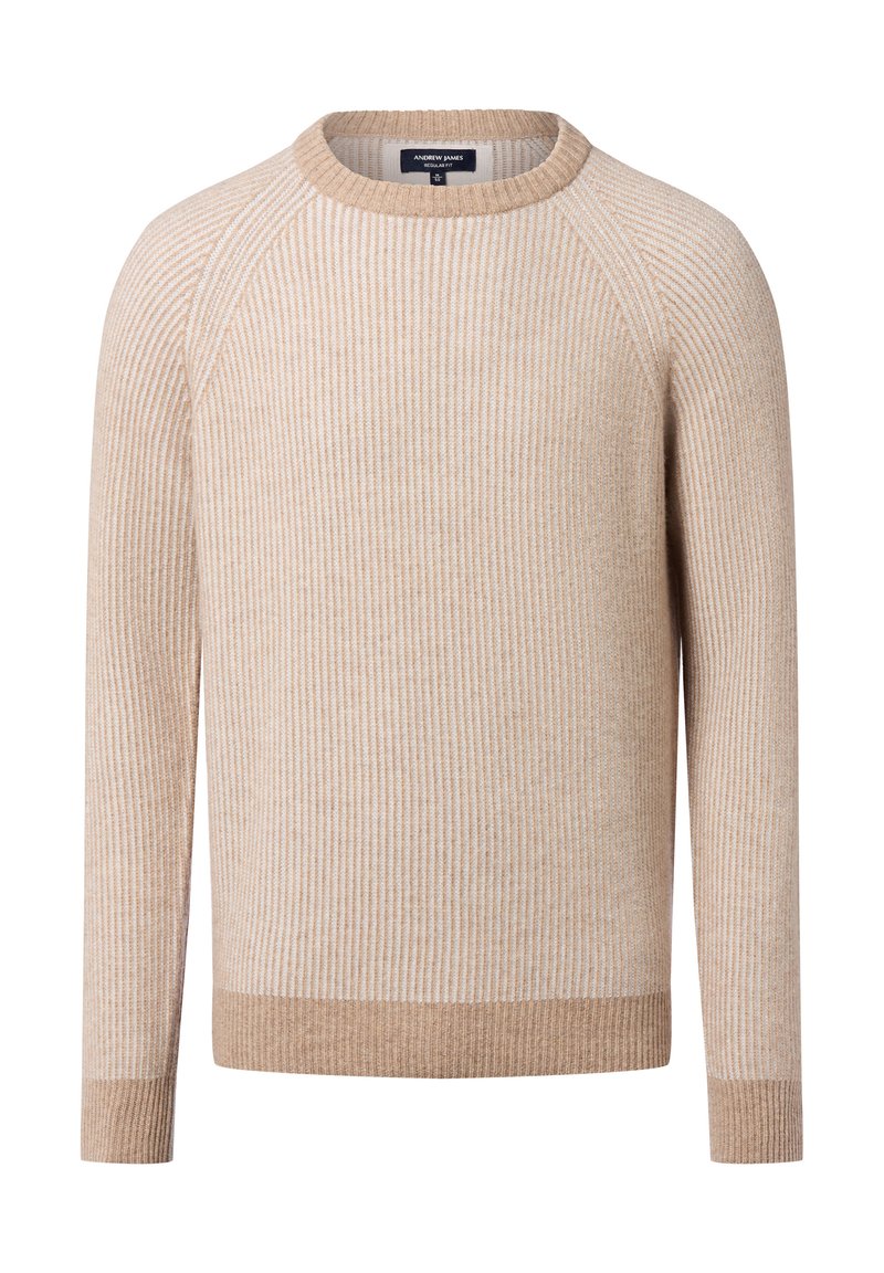 Beige gebreide trui met een geribbeld textuur, een ronde hals en lange mouwen met contrasterende manchetten en zoom.