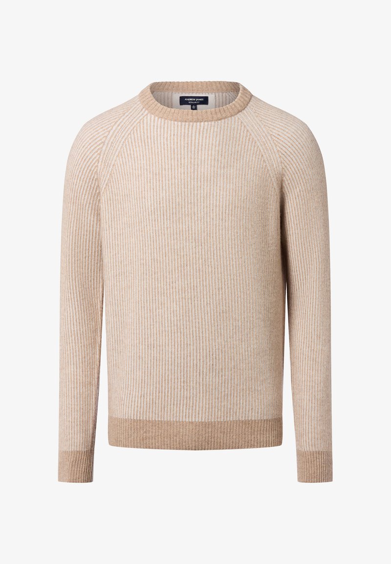 Pull en tricot beige avec une texture côtelée, un col arrondi et des manches longues avec des poignets et un ourlet contrastants.