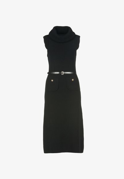 Ujjatlan fekete midi ruha magas nyakkal, fekete övvel a deréknál, és két elülső zsebbel, arany gombokkal.