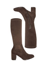 Pruunid seemisnahast põlvikud pakse kontsaga, millel on külje tõmblukk ja ülaosas kontrastsed õmblused.