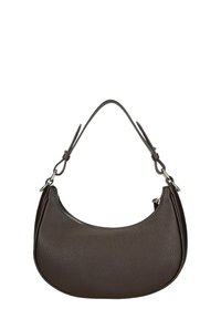 Bruine leren schoudertas met een afgeronde vorm, bovenste ritssluiting en dubbele bandaccenten voor verstelbare draagopties.