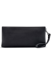 Obdélníková černá kožená kabelka s hladkým povrchem, která má odnímatelný řemínek na zápěst í a minimalistický design. Bez viditelného kování nebo vzorů.