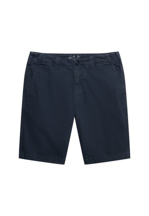 Shorts bleu marine longueur genou avec poches avant, passants de ceinture, bouton et fermeture éclair, posés à plat sur un fond blanc.