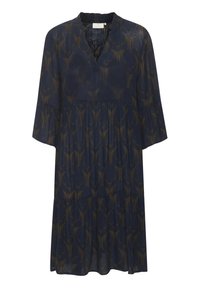 Abito blu navy con design a strati, caratterizzato da un scollatura a V e maniche a tre quarti, decorato con un sottile motivo floreale dorato.