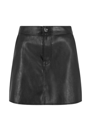 Zwarte leren mini-jurk met een gladde textuur, gestructureerde tailleband en enkele knoopsluiting aan de voorkant.