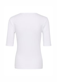 White, short-sleeve top with a rounded neckline and a fitted silhouette. Made from smooth, stretchy fabric with no visible seams or patterns.
