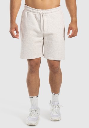 Hellgraue Baumwollshorts mit elastischem Bund, Kordelzug und zwei Seitentaschen. Glatte Textur und knielanges Design.