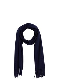 Bufanda de lana azul marino con extremos con flecos, dispuesta en forma circular de manera suelta sobre un fondo blanco.