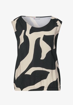 T-shirt med korte ærmer lavet af glat stof, prydet med et sort og cremet abstrakt mønster, med en rund halsudskæring og elastisk kant.