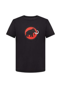 Zwarte katoenen t-shirt met een ronde rode afbeelding van een olifant met een slagtand. Korte mouwen en een ronde hals.