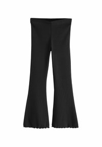 Pantalons évasés en tricot noir avec une texture côtelée. Taille mi-haute et ourlet festonné. Conçus pour une silhouette ajustée jusqu'aux évasements.