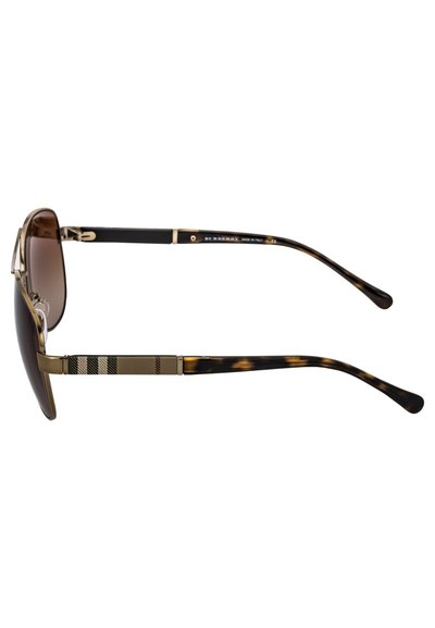 Brown gradient sunglasses with gold metal frame, tortoiseshell acetate arms, and striped detailing on the temples. Made in Italy.