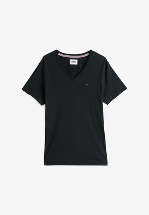 Zwarte V-hals T-shirt van katoen met korte mouwen. Heeft een klein, geborduurd logo in wit, rood en blauw op de borst.