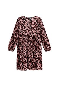 Langärmliges Kleid aus schwarzem Stoff mit einem pinken Blumenmuster, ausgestattet mit einem runden Halsausschnitt und einer gerafften Taille für eine lockere Passform.
