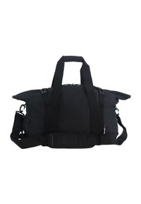 Borsa duffel nera con due manici superiori, tracolla rimovibile e chiusura con zip. Realizzata in tessuto resistente, presenta una forma compatta e strutturata.