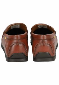 Brown leather loafers with black rubber soles, featuring stitched accents and slip-on design, showing smooth texture and subtle yellow details.