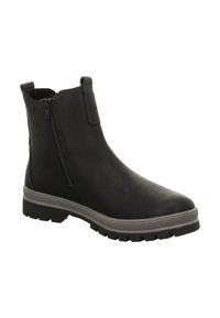 Stivaletto alla caviglia in pelle nera con finitura testurizzata, chiusura laterale con cerniera, pannello elastico e suola in gomma grigia a contrasto con battistrada.