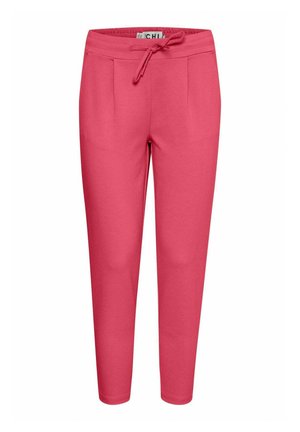 Pantaloni jogger rosa realizzati in morbido tessuto, con vita regolabile tramite laccetto, due tasche frontali e design a gamba affusolata. Texture liscia senza motivi.