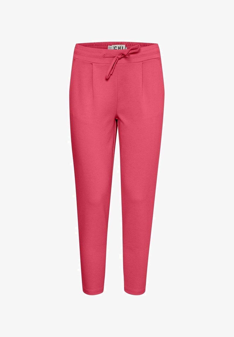 Pantaloni jogger rosa realizzati in morbido tessuto, con vita regolabile tramite laccetto, due tasche frontali e design a gamba affusolata. Texture liscia senza motivi.