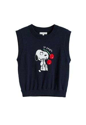 Marineblauw mouwloos gebreid topje met een cartoonhond die twee rode kersen vasthoudt en de tekst "So Sweet" erboven.
