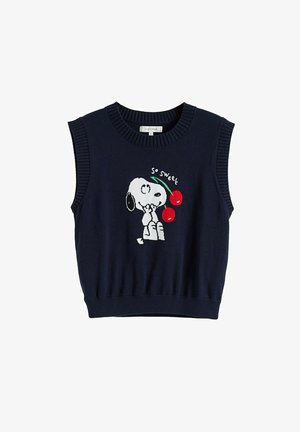 Haut en maille sans manches bleu marine présentant un chien cartoon tenant deux cerises rouges avec le texte « So Sweet » au-dessus.