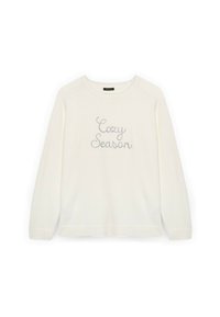 Maglione bianco con collo rotondo e maniche lunghe. Presenta la scritta "Cozy Season" ricamata in grigio corsivo sul petto. Texture morbida.