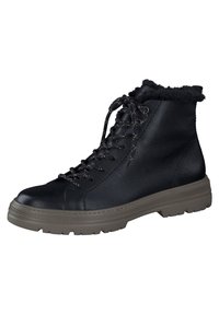 Botine negre din piele cu guler din blană sintetică, vârf rotund și talpă din cauciuc gri. Au șireturi decorative și detalii cusute.