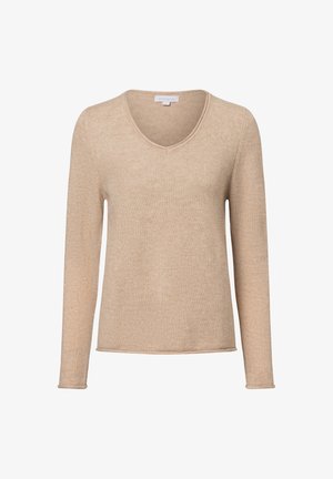 Beiger, langärmeliger Pullover mit V-Ausschnitt, aus einem weichen Strickstoff gefertigt. Verfügt über einen lässigen Schnitt und eine dezente Textur.
