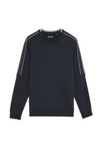 Felpa blu navy in cotone, con collo a giro, maniche lunghe e strisce bianche decorative sulle spalle. Texture liscia e vestibilità comoda.