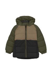 Vadderad jacka med dragkedja framtill, huva och tre färgblock: olivgrön, beige och svart. Tillverkad av ett slätt, hållbart tyg.