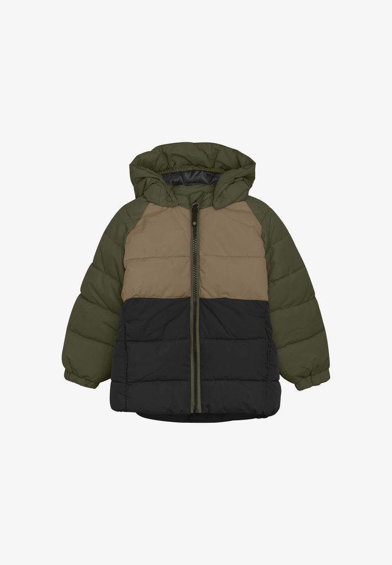 Vadderad jacka med dragkedja framtill, huva och tre färgblock: olivgrön, beige och svart. Tillverkad av ett slätt, hållbart tyg.