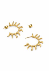 Orecchini a cerchio in oro con design a raggiera, caratterizzati da una superficie testurizzata e accenti a punta. Inclusi un piccolo perno cilindrico e una chiusura.